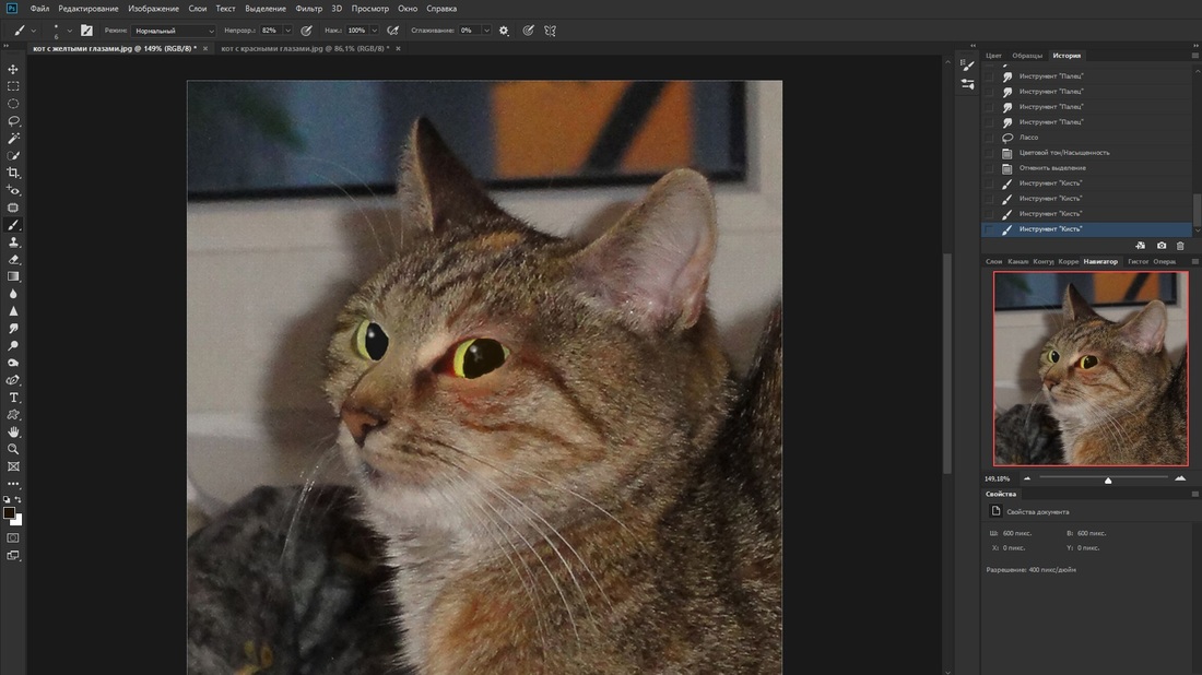 Устранение эффекта красных глаз при помощи инструмента Насыщенности/Контрастности в Adobe Photoshop