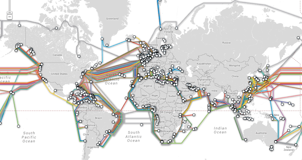 Карта существующих подводных оптоволоконных кабелей