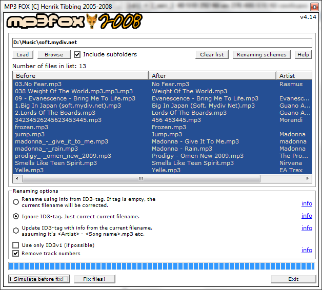 MP3 Fox - Корректировка имен с использованием Intelligent Filename Parser
