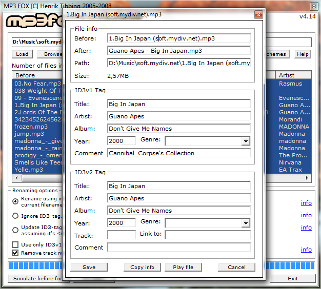 MP3 Fox - Ручное редактирование параметров файла