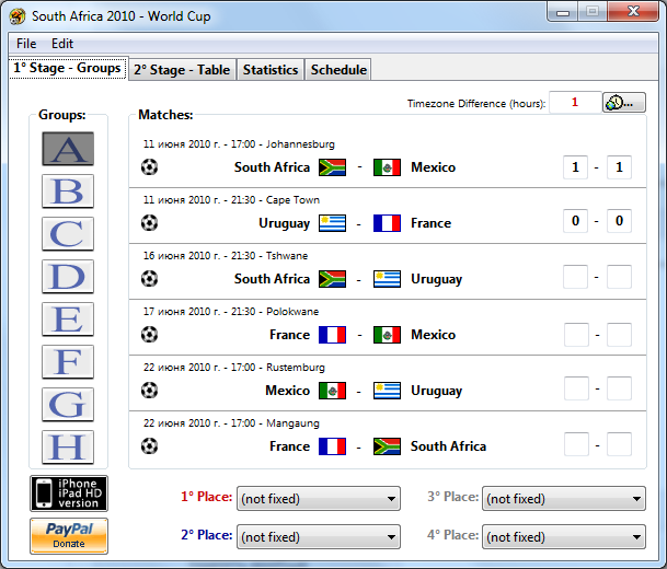 South Africa 2010 – World Cup - Календарь соревнований в каждой отдельной группе.