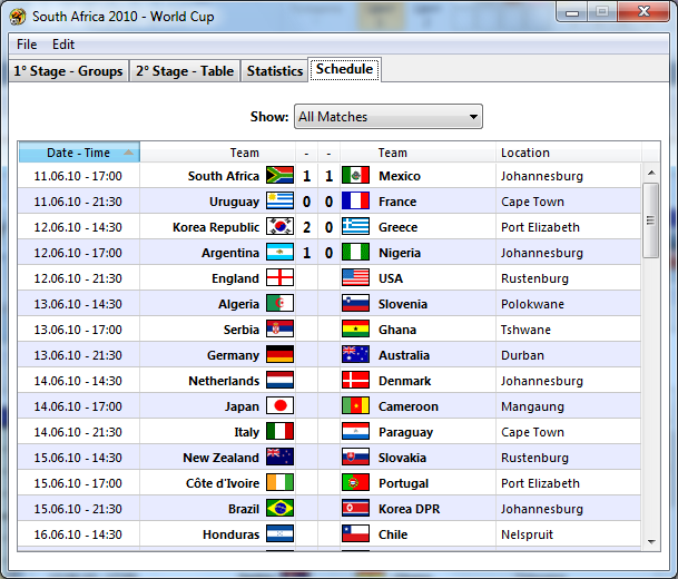 South Africa 2010 – World Cup - Расписание матчей в хронологическом порядке.