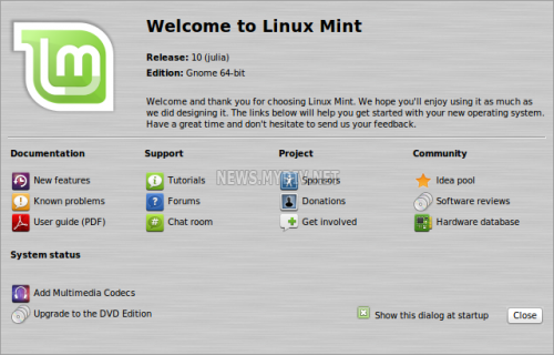 Стартовый экран Linux Mint 10